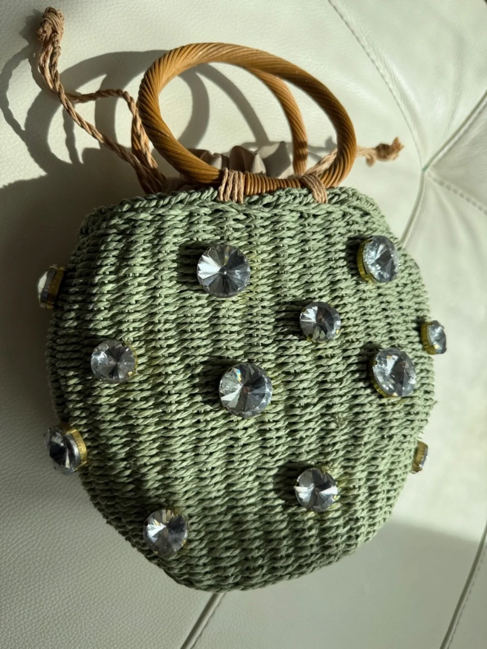 Zara Rhinestone Crystal Embellished Mini Straw Bucket Bag-‎ - Picture 6 of 17